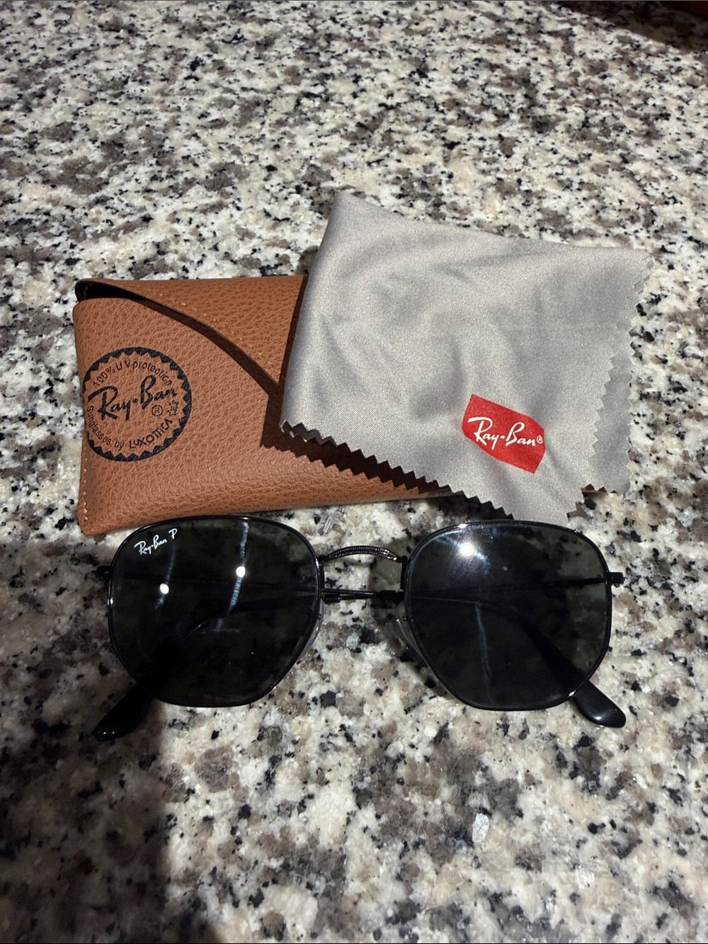 Ray-Ban Black Frame Sunglasses with Dark Lenses and Brown Case